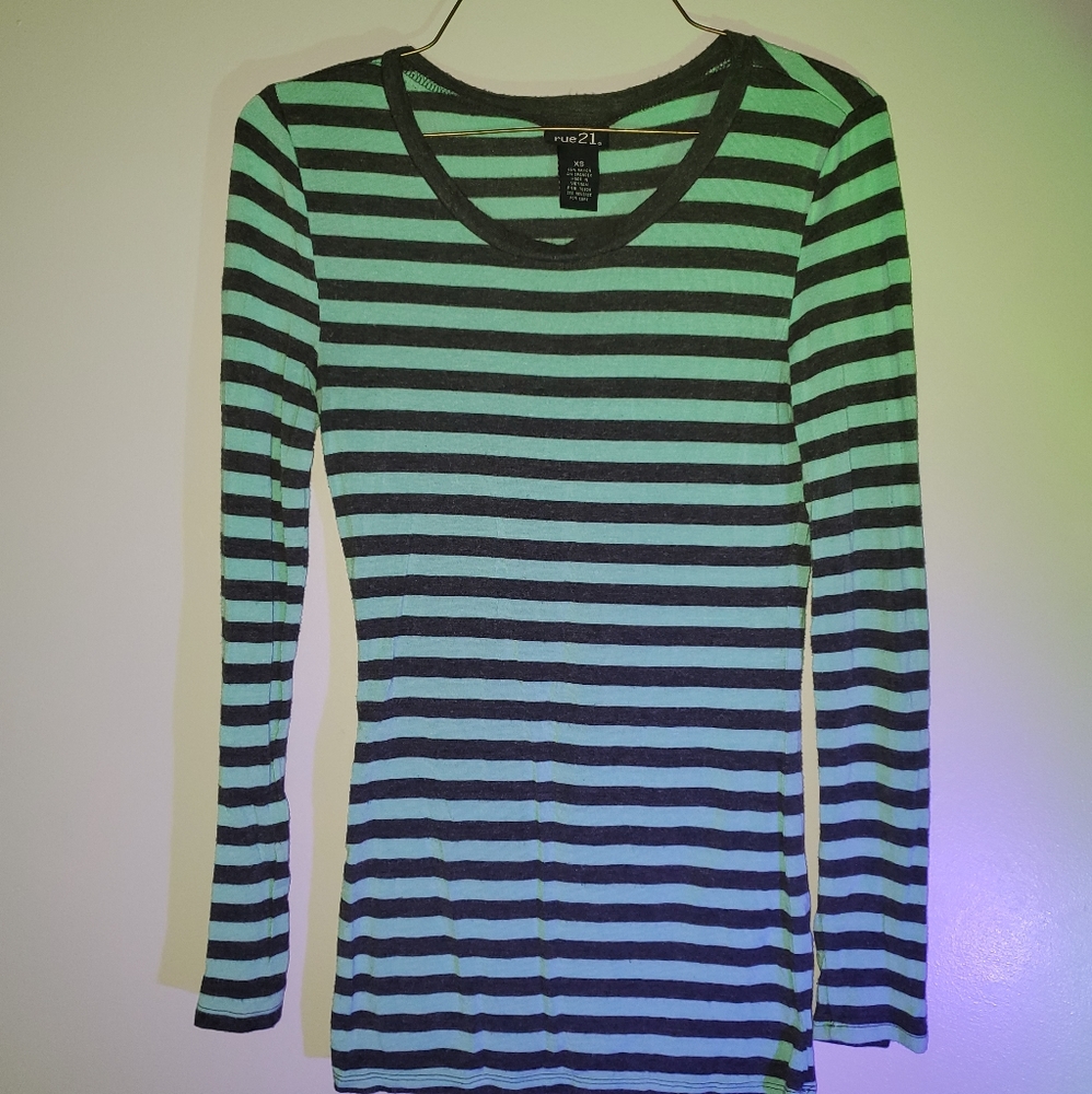 Rue 21 Long Sleeved top, size:xs, striped with black and teal